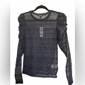 Express Navy Sheer Lace Long-Sleeve Top with Puff Shoulders